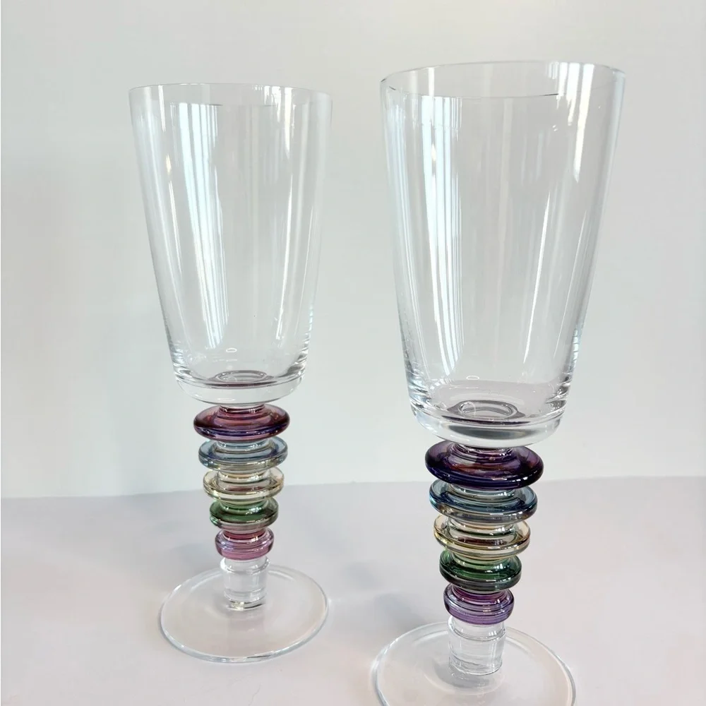 Vintage Pair Block Crystal Carnival Wine / Water Goblet Glasses